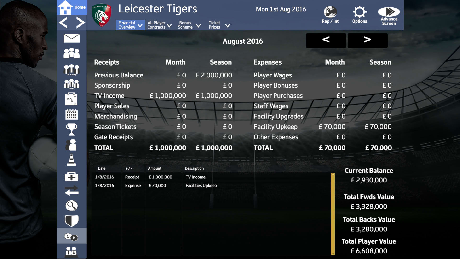 Screenshot for Rugby Union Team Manager 2017